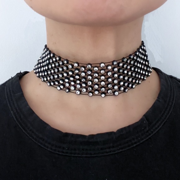 Rhinestones Rows Black mesh Choker Goth intricated lightweight Necklace 12"+2.5" - Picture 3 of 11